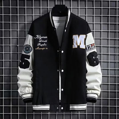 Men’s Letter Patch Baseball Jacket – Casual Button-Down Varsity Streetwear Coat