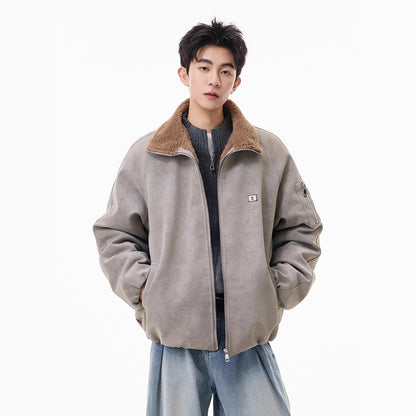 Men’s American Style Fleece-Lined Cotton Coat – Tie-Dye PU Leather Lapel, Fur Trim, Extra Warm Padded Jacket