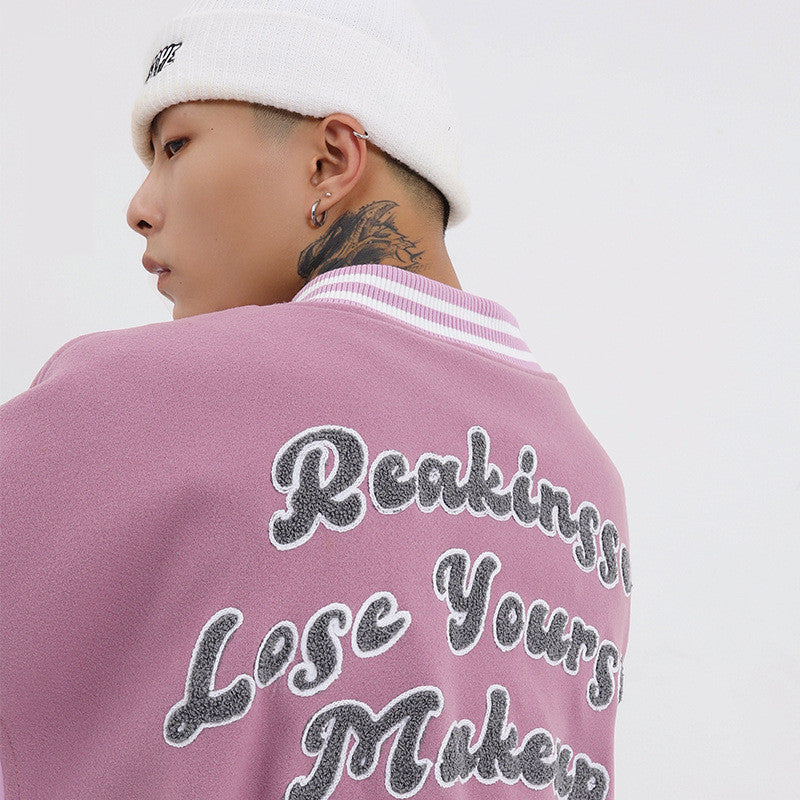 Men’s Embroidered Baseball Jacket with Leather Sleeves – New Stitching Varsity Style