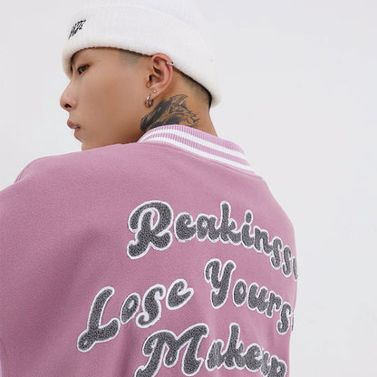 Men’s Embroidered Baseball Jacket with Leather Sleeves – New Stitching Varsity Style