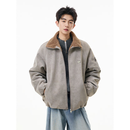 Men’s American Style Fleece-Lined Cotton Coat – Tie-Dye PU Leather Lapel, Fur Trim, Extra Warm Padded Jacket