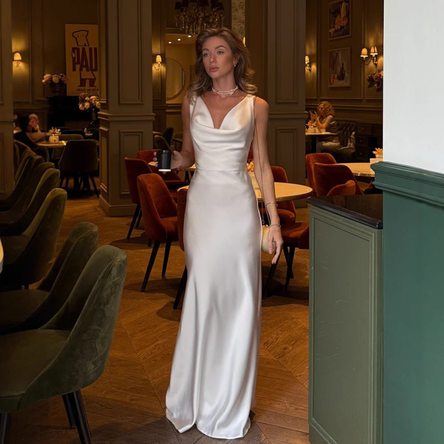 Women’s Satin Party Dress – Sleeveless V-Neck French Style