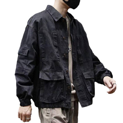 Men’s Oversized Vintage Denim Jacket – Trendy Multi-Pocket Casual Coat