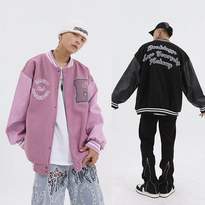 Men’s Embroidered Baseball Jacket with Leather Sleeves – New Stitching Varsity Style