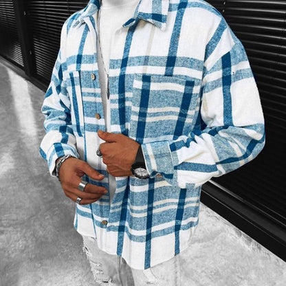 Men’s Long Sleeve Check Shirt – Casual Stand Collar Pocket Shirt