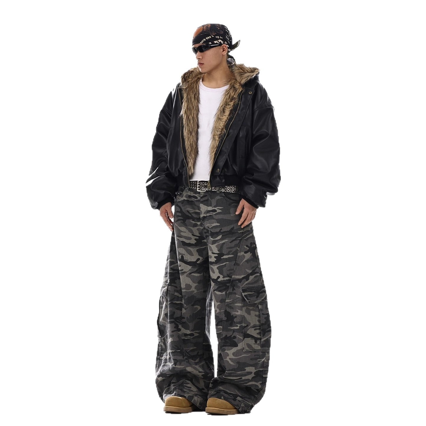 Retro American Style Camo Patchwork Jeans – Men’s Ripped Machete-Cut Denim Trousers