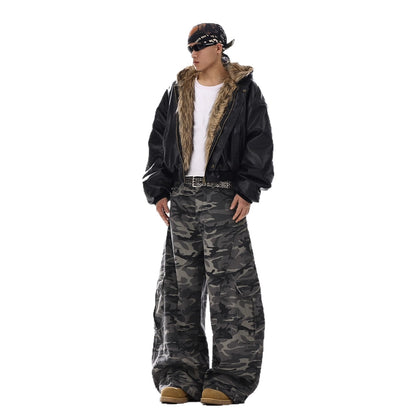 Retro American Style Camo Patchwork Jeans – Men’s Ripped Machete-Cut Denim Trousers
