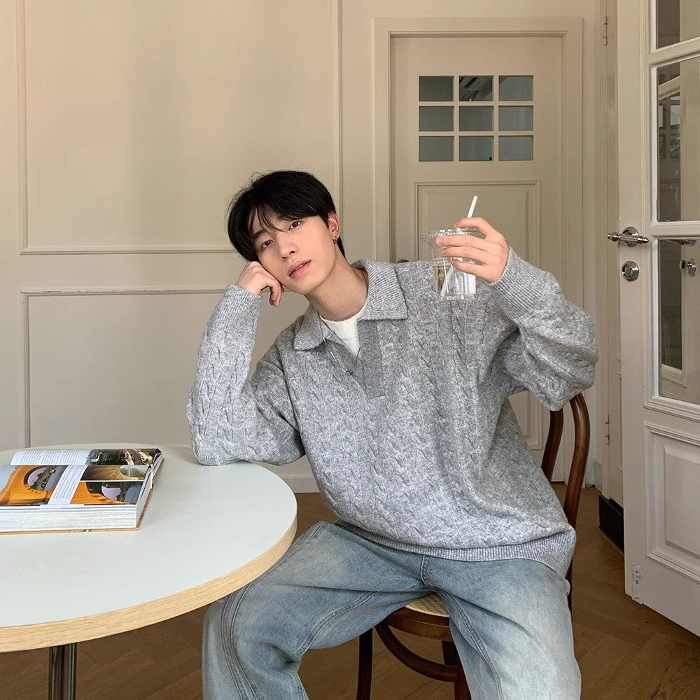 Men’s Retro Herringbone Knit Sweater – Textured Lapel Pullover, Vintage Casual Jumper