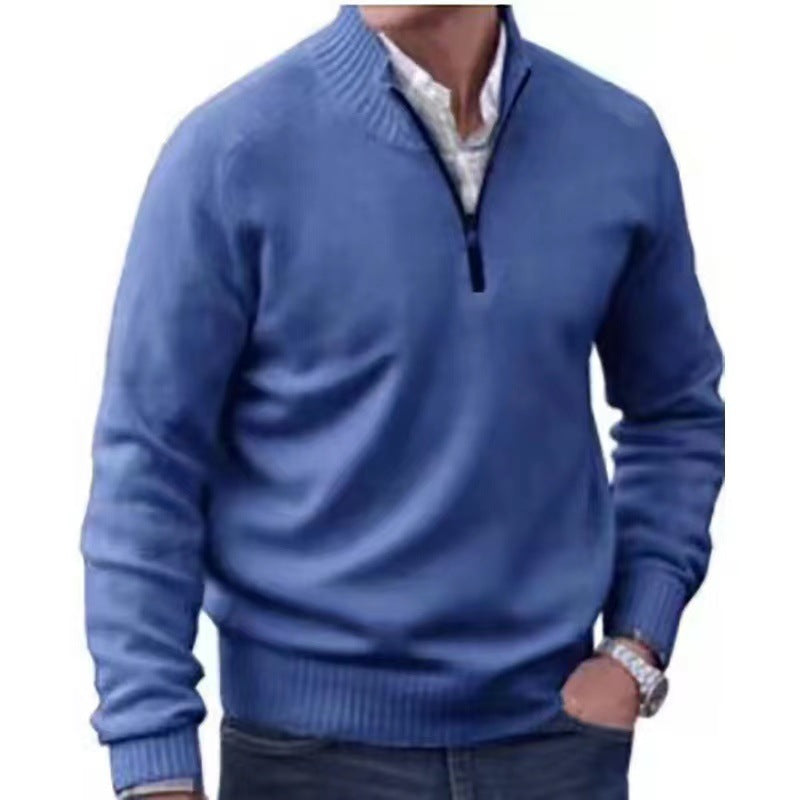 Men’s Casual Zip Collar Sweater – Solid Color Knit