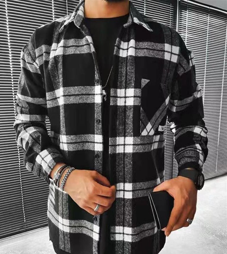 Men’s Long Sleeve Check Shirt – Casual Stand Collar Pocket Shirt