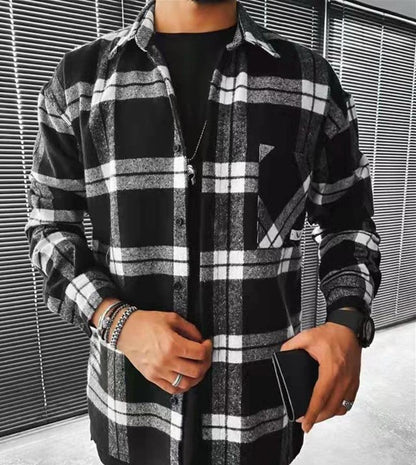 Men’s Long Sleeve Check Shirt – Casual Stand Collar Pocket Shirt