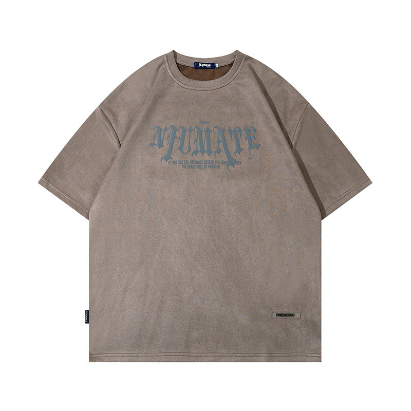 Men’s American Retro High Street Velvet Puff Print T-Shirt – Deerskin Fabric Short Sleeve Streetwear Tee