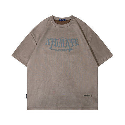 Men’s American Retro High Street Velvet Puff Print T-Shirt – Deerskin Fabric Short Sleeve Streetwear Tee