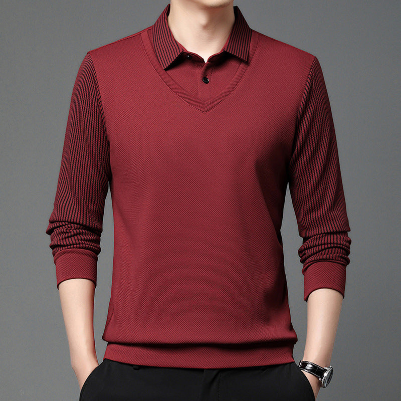 Men’s Business Casual Fake Two-Piece Striped Sleeve T-Shirt – Fashion Slim Fit Top