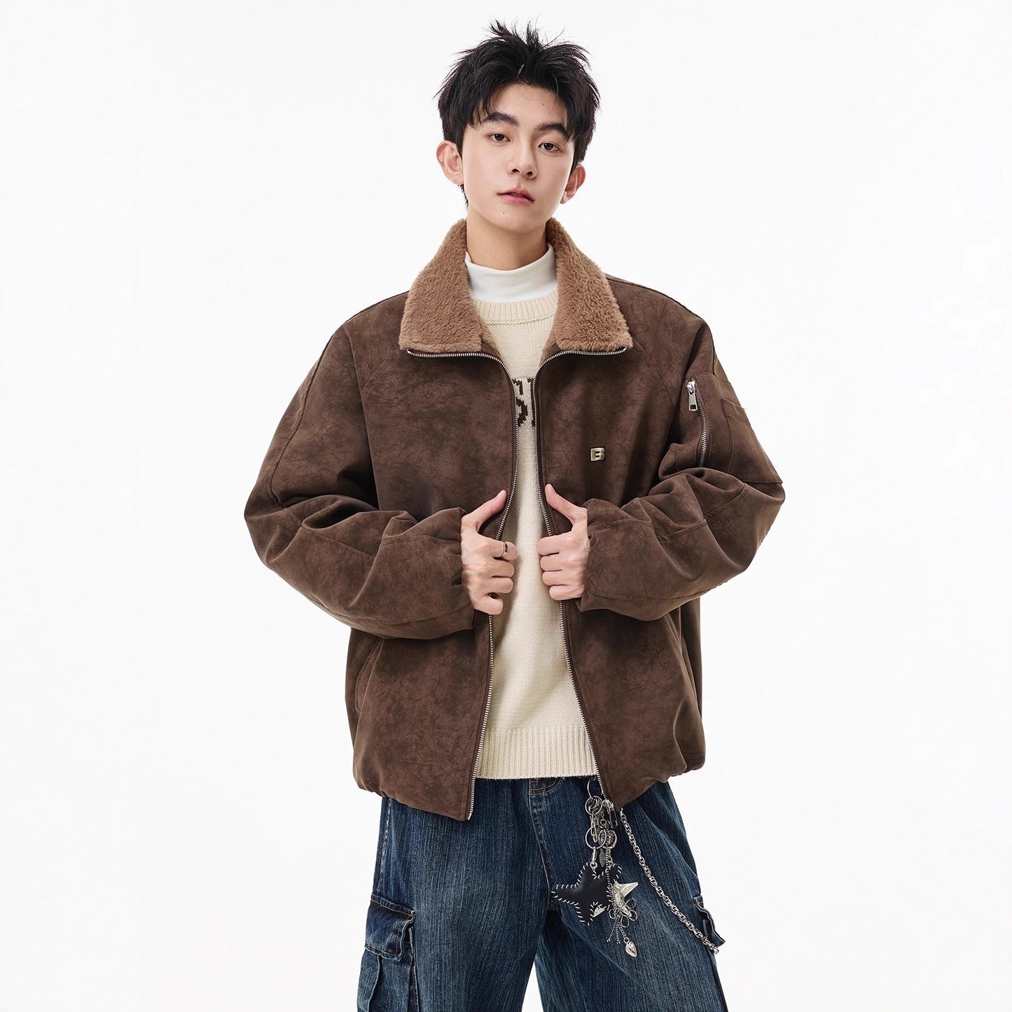 Men’s American Style Fleece-Lined Cotton Coat – Tie-Dye PU Leather Lapel, Fur Trim, Extra Warm Padded Jacket