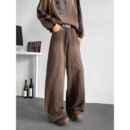 Men’s Vintage Mocha Brown Wide Leg Jeans – Loose Casual Streetwear Denim Pants