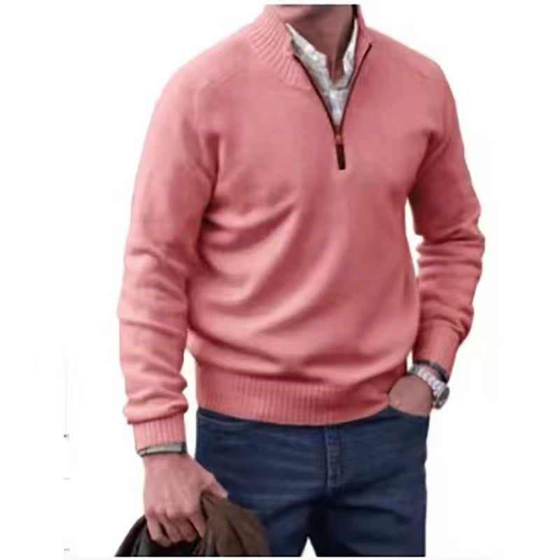 Men’s Casual Zip Collar Sweater – Solid Color Knit