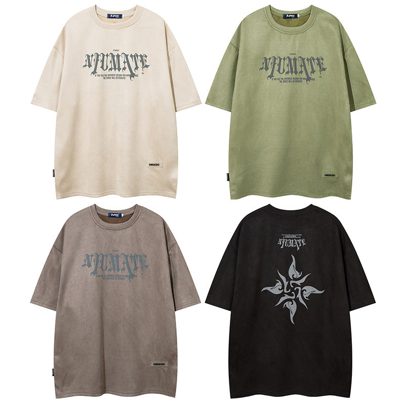 Men’s American Retro High Street Velvet Puff Print T-Shirt – Deerskin Fabric Short Sleeve Streetwear Tee