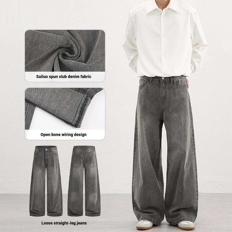 Men’s Washed Gray Jeans – Simple Basic Denim Pants for Fall & Winter