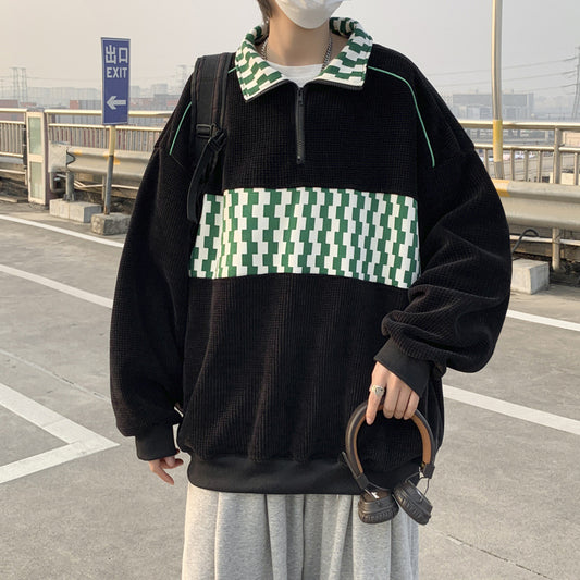 Men’s Retro Colorblock Stand Collar Sweatshirt – Casual Sports Pullover Jacket