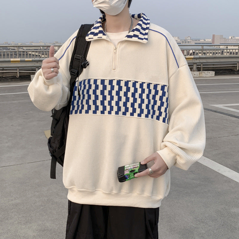 Men’s Retro Colorblock Stand Collar Sweatshirt – Casual Sports Pullover Jacket