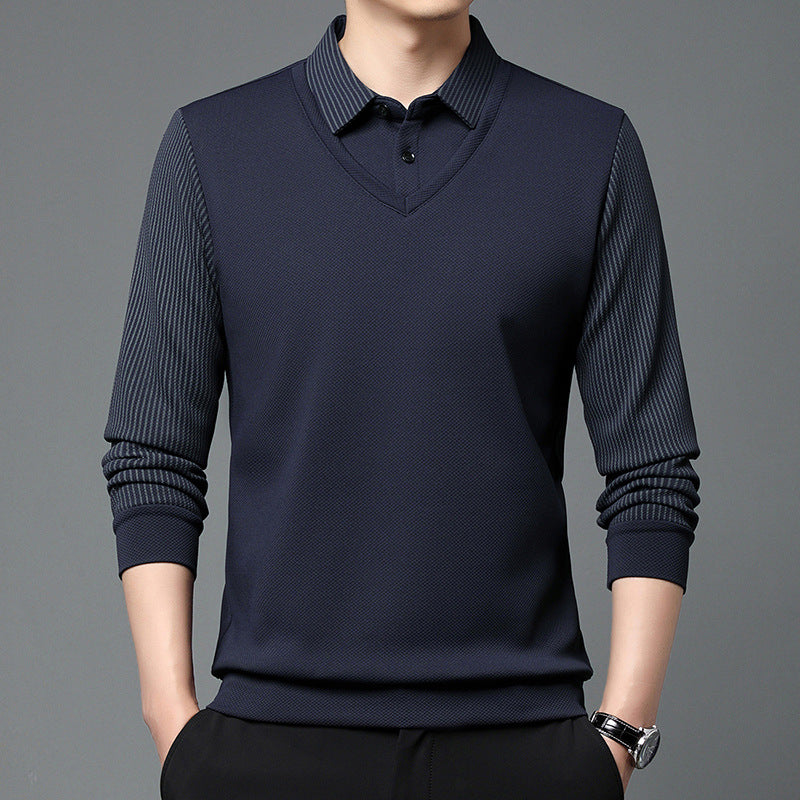 Men’s Business Casual Fake Two-Piece Striped Sleeve T-Shirt – Fashion Slim Fit Top