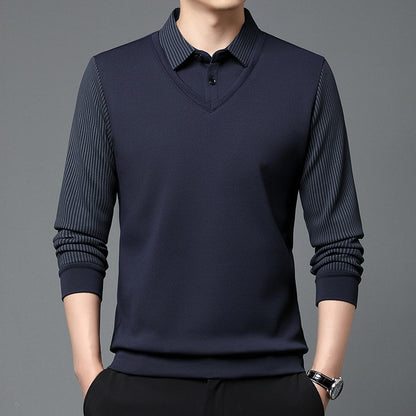 Men’s Business Casual Fake Two-Piece Striped Sleeve T-Shirt – Fashion Slim Fit Top