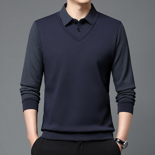 Men’s Business Casual Fake Two-Piece Striped Sleeve T-Shirt – Fashion Slim Fit Top