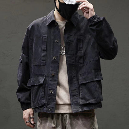Men’s Oversized Vintage Denim Jacket – Trendy Multi-Pocket Casual Coat