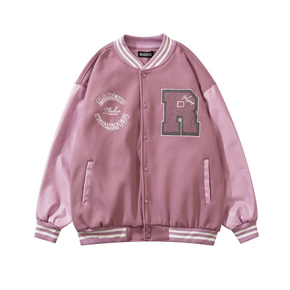 Men’s Embroidered Baseball Jacket with Leather Sleeves – New Stitching Varsity Style