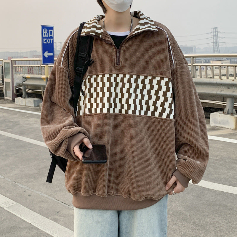 Men’s Retro Colorblock Stand Collar Sweatshirt – Casual Sports Pullover Jacket