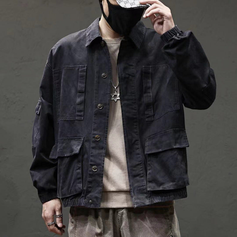 Men’s Oversized Vintage Denim Jacket – Trendy Multi-Pocket Casual Coat