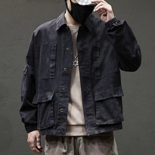 Men’s Oversized Vintage Denim Jacket – Trendy Multi-Pocket Casual Coat