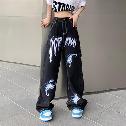 Unisex High Waist Graphic Jeans – Streetwear Casual Denim Pants