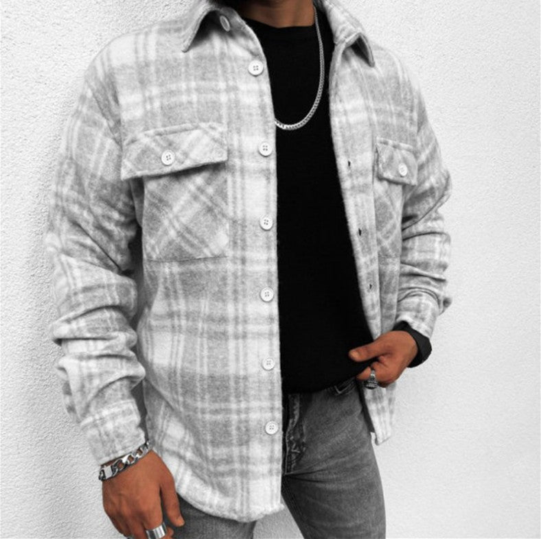 Men’s Long Sleeve Check Shirt – Casual Stand Collar Pocket Shirt