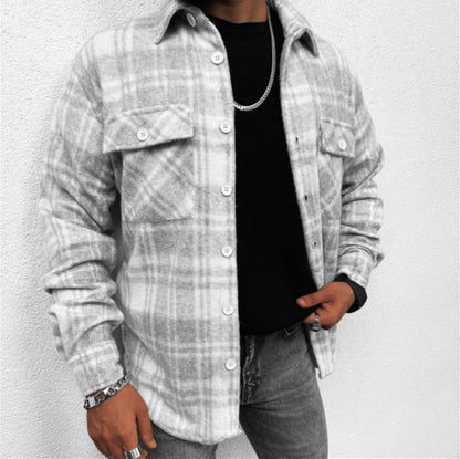 Men’s Long Sleeve Check Shirt – Casual Stand Collar Pocket Shirt