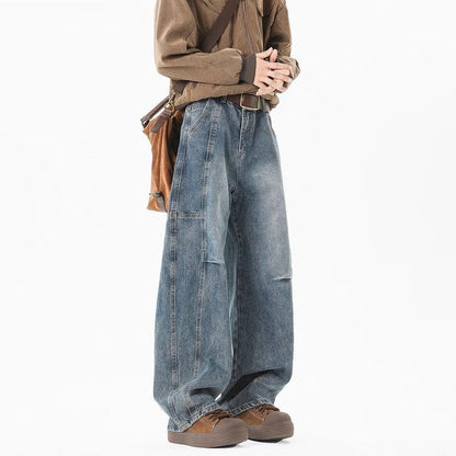 Men’s Vintage Washed Denim Jeans – Retro Pleated Loose Straight-Leg Pants