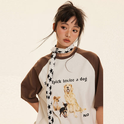 Women’s Cute Puppy Print Colorblock Short Sleeve T-Shirt – Casual Summer Top