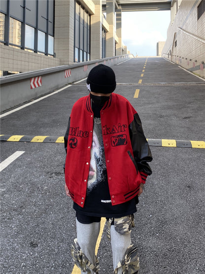 High Street PU Leather Patchwork Varsity Jacket for Men – Stylish Baseball Streetwear