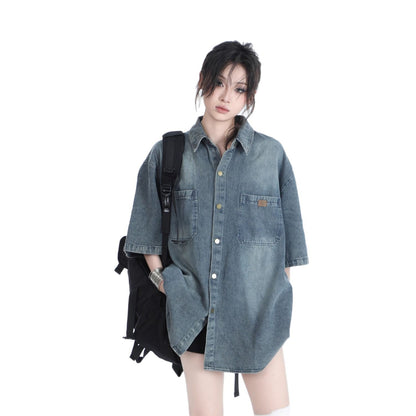 American Retro Heavy Wash Denim Short Sleeve Shirt – Vintage Washed Casual Streetwear