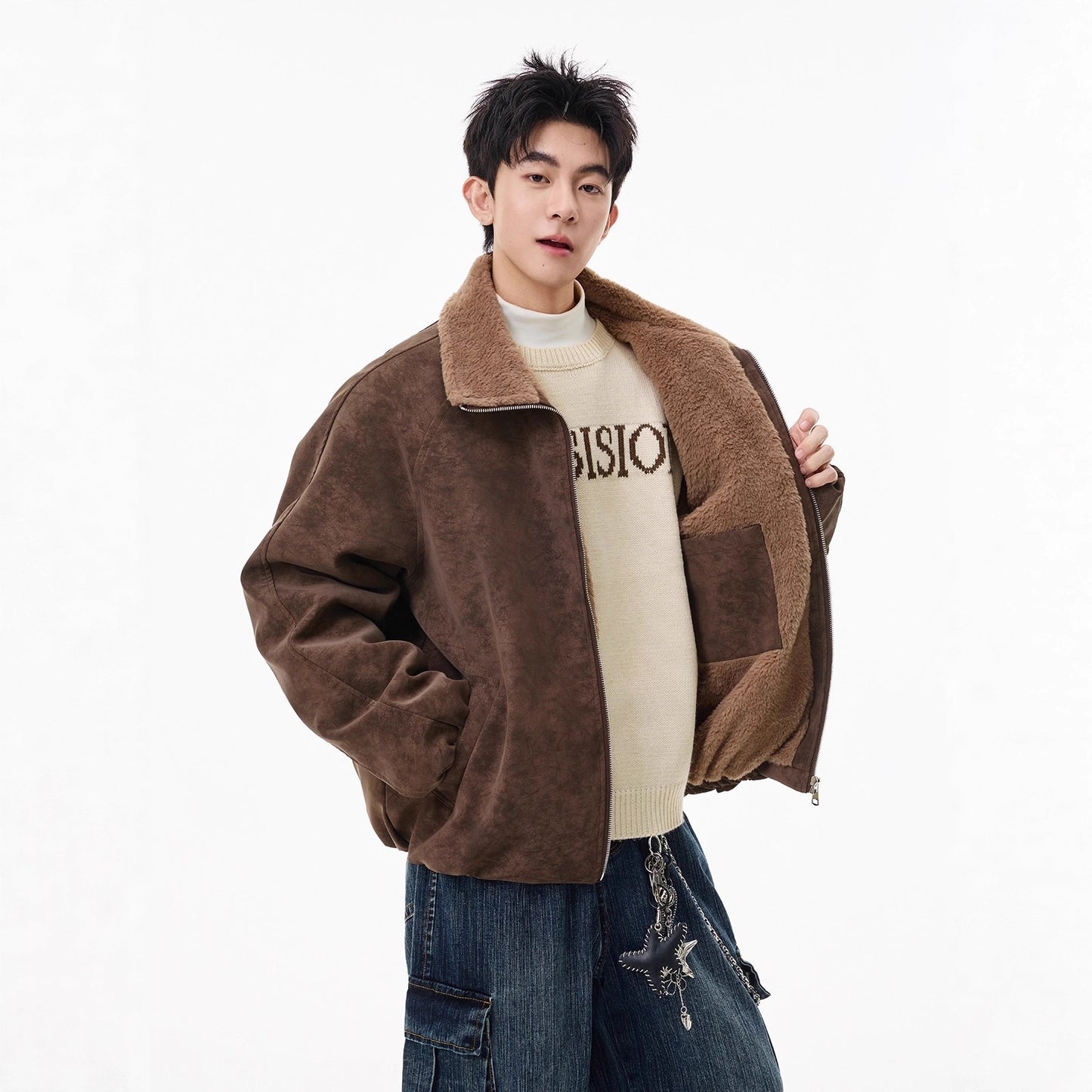 Men’s American Style Fleece-Lined Cotton Coat – Tie-Dye PU Leather Lapel, Fur Trim, Extra Warm Padded Jacket