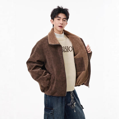 Men’s American Style Fleece-Lined Cotton Coat – Tie-Dye PU Leather Lapel, Fur Trim, Extra Warm Padded Jacket