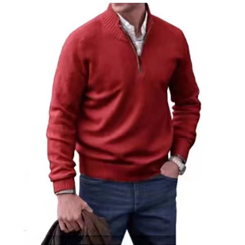 Men’s Casual Zip Collar Sweater – Solid Color Knit