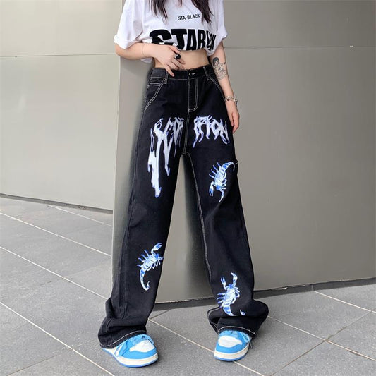Unisex High Waist Graphic Jeans – Streetwear Casual Denim Pants