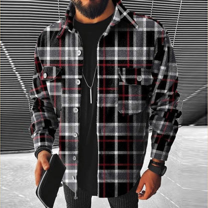 Men’s Long Sleeve Check Shirt – Casual Stand Collar Pocket Shirt
