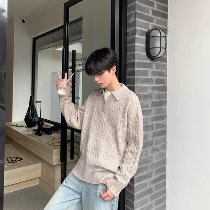 Men’s Retro Herringbone Knit Sweater – Textured Lapel Pullover, Vintage Casual Jumper