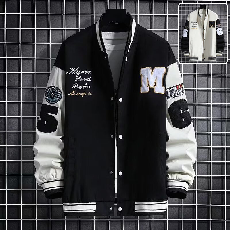 Men’s Letter Patch Baseball Jacket – Casual Button-Down Varsity Streetwear Coat
