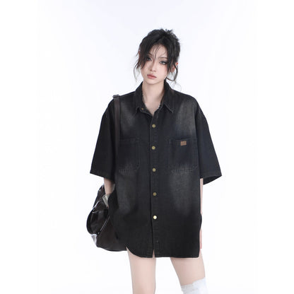 American Retro Heavy Wash Denim Short Sleeve Shirt – Vintage Washed Casual Streetwear