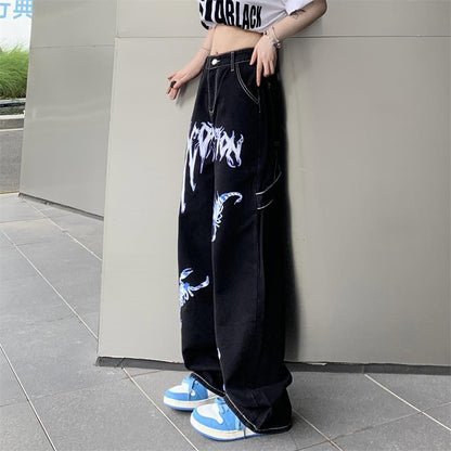 Unisex High Waist Graphic Jeans – Streetwear Casual Denim Pants