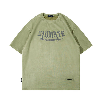 Men’s American Retro High Street Velvet Puff Print T-Shirt – Deerskin Fabric Short Sleeve Streetwear Tee